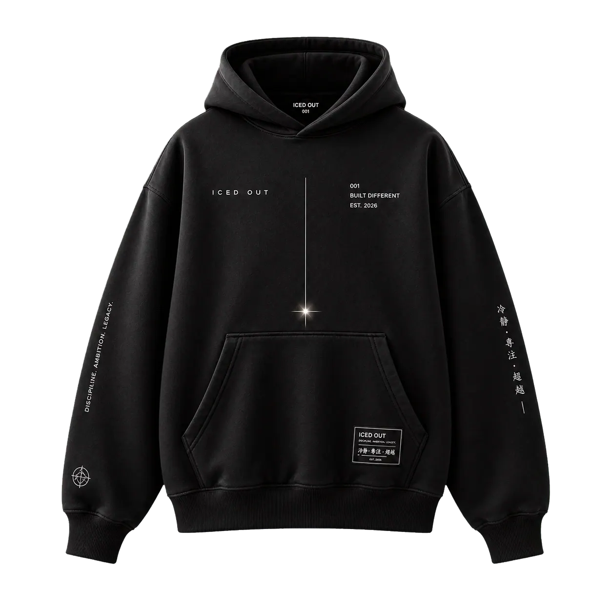 Black Iced_out heavyweight hoodie, ghost mannequin cutout