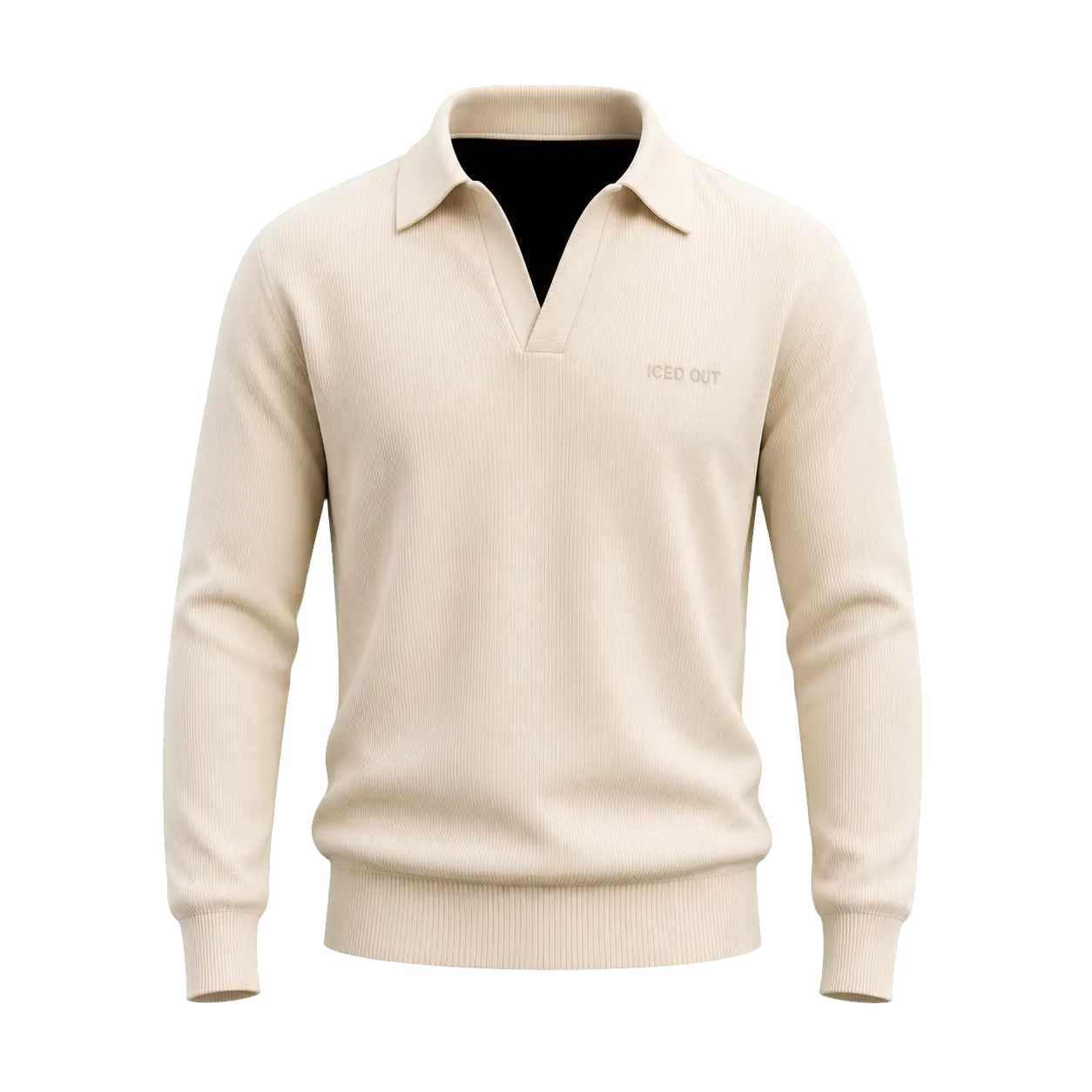 Cream Iced_out ribbed knit polo, ghost mannequin cutout